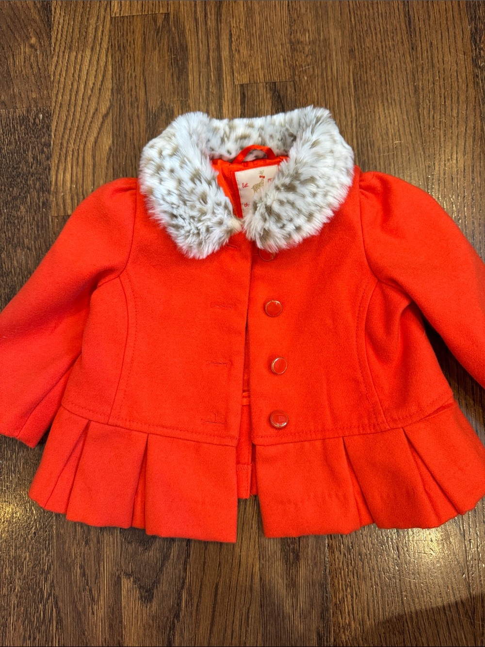 Baby Girl size 6-12 months Bright Red Peacoat with Faux Fur Collar